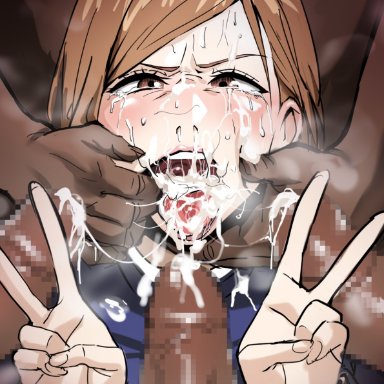 jujutsu kaisen, kugisaki nobara, akisora, akizora, 1girls, 4boys, brown eyes, brown hair, bukkake, censored penis, cum, cum in mouth, dark-skinned male, dark skin, double peace sign