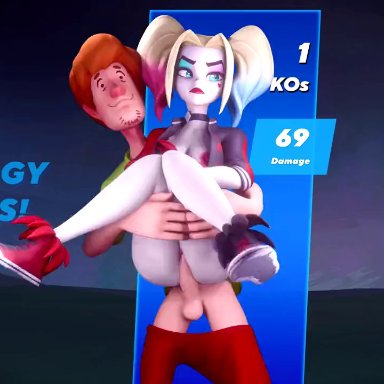 multiversus, scooby-doo, harley quinn, shaggy rogers, its-gergless, carrying, cum, cum in pussy, cum inside, gameplay mechanics, sex, victory, 3d, animated, crossover