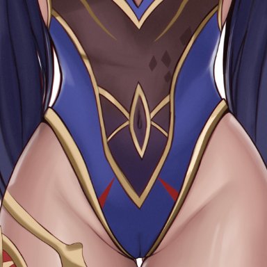 genshin impact, mona (genshin impact), edmun, breasts, cameltoe, close-up, clothing, female, female only, groin, leotard, lower body, no panties, thick thighs, thigh gap