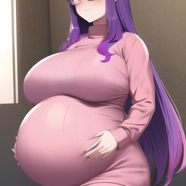 nai diffusion, stable diffusion, big breasts, blush, female, female only, glasses, hands on belly, holding belly, huge breasts, long hair, looking at viewer, pregnant, purple eyes, purple hair