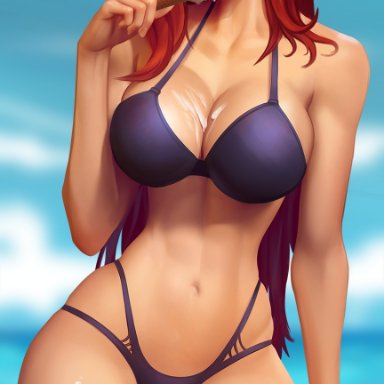 league of legends, miss fortune, evulchibi, 1girls, big breasts, bikini, breasts, female, female only, large breasts, looking at viewer, solo, tongue, tongue out