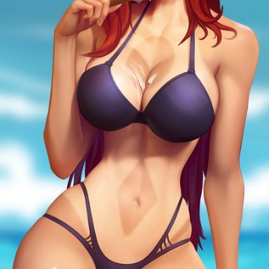 league of legends, miss fortune, evulchibi, 1girls, big breasts, bikini, breasts, female, female only, large breasts, looking at viewer, solo, tanline, tongue, tongue out