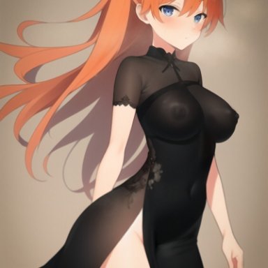 neon genesis evangelion, asuka langley sohryu, nai diffusion, stable diffusion, black dress, blue eyes, breasts, dress, female, long hair, looking at viewer, nipples, orange hair, see-through, see-through clothing