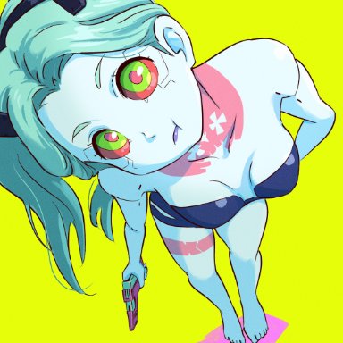 cd projekt red, cyberpunk: edgerunners, cyberpunk 2077, netflix, studio trigger, rebecca (edgerunners), tsunemoku, 1girls, apple green, barefoot, big head, breasts apart, cute, cybernetics, cyberpunk