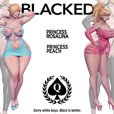 blacked, mario (series), princess peach, princess rosalina, pinkdrawz, accessory, big ass, big breasts, big butt, big nipples, blonde female, blonde hair, blue eyes, bnwo, bracelet
