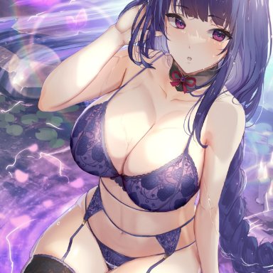 genshin impact, raiden shogun, artist request, 1girls, beauty mark, bra, braided hair, breasts, cleavage, female, female only, garter belt, garter straps, hips, huge breasts