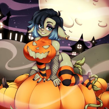 halloween, leora (kibix1), guttybee, 1girls, aqua hair, armwear, big breasts, black hair, cleavage cutout, detailed background, ear piercing, earrings, eyebrow piercing, female, female only