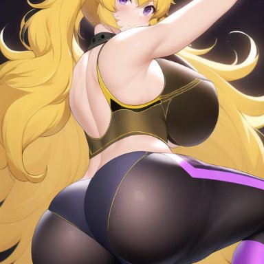 rwby, yang xiao long, nai diffusion, stable diffusion, 1girls, alternate hairstyle, arm up, big ass, big breasts, blonde hair, bubble butt, female, female only, huge breasts, legs