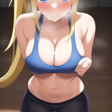 samus aran, nai diffusion, stable diffusion, big breasts, blonde hair, blue eyes, blush, breasts, cum, cum on body, cum on breasts, cum on face, cumshot, leggings, solo