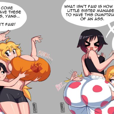 rwby, ruby rose, yang xiao long, dotodonoto, 2girls, ass, ass bigger than breasts, ass envy, ass focus, ass vs breasts, big ass, big breasts, blonde hair, bottom heavy, breast envy