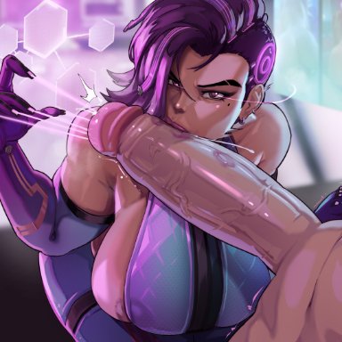 overwatch, sombra, donaught, 1boy, 1girls, alternate breast size, asymmetrical hair, beauty mark, black hair, breasts, brown skin, cybernetics, female, glowing eyes, huge breasts