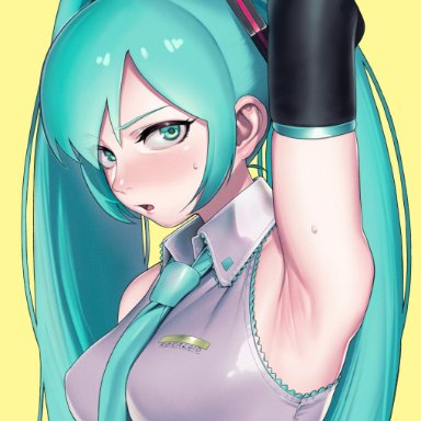 vocaloid, hatsune miku, nanja (artist), 1girls, aqua eyes, arm up, armpit, armpit crease, armpit fetish, armpit focus, armpits, bangs, bare shoulders, between breasts, blue eyes