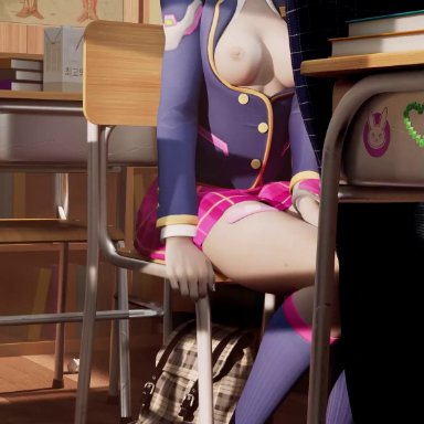 overwatch, d.va, artist request, 1boy, 1girls, asian female, big penis, black eyes, black hair, blowjob, breasts, breasts out, chair, cum, cum on face