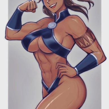 avatar the last airbender, the legend of korra, korra, iahfy, 1girls, :d, abs, aqua eyes, bare shoulders, big breasts, bikini, breasts, brown hair, clenched hand, confident