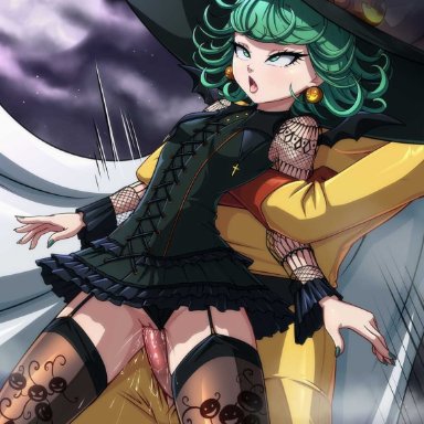 halloween, one-punch man, saitama, tatsumaki, reit, 1boy, 1girls, female, green eyes, green hair, green nails, nail polish, open mouth, restrained, restrained arms