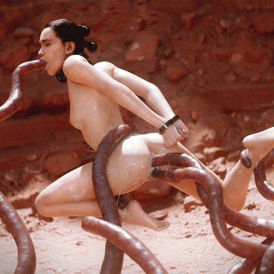 star wars, the force awakens, rey, sarlacc, xieangel, 1girls, anal, anal sex, arms behind back, ass, bodily fluids, bondage, breasts, brown hair, closed eyes