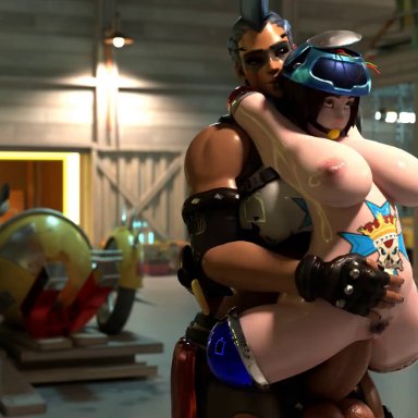 blizzard entertainment, overwatch, junker queen, mei (overwatch), davidsmushroom, 2girls, amputee, ball gag, bouncing breasts, deep penetration, futanari, quadruple amputee, sex, vaginal, 3d