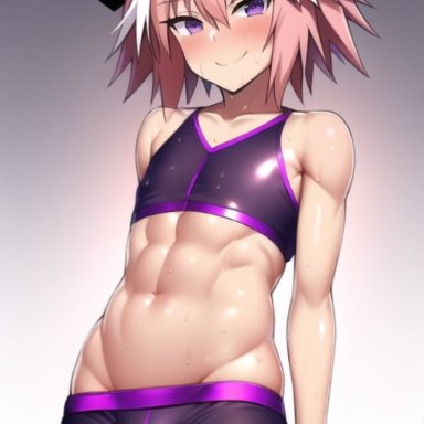 fate/grand order, fate (series), astolfo (fate), nai diffusion, stable diffusion, 1boy, abs, blush, bulge, eye contact, femboy, fitness, girly, looking at viewer, male