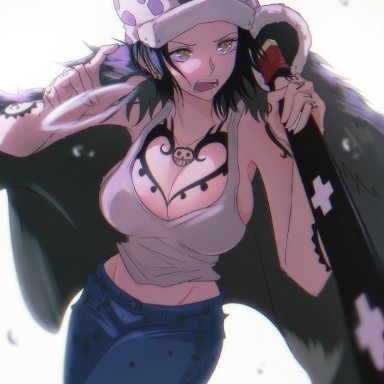 one piece, trafalgar law, opalisart, 1girls, big breasts, black hair, blue pants, breasts, canon genderswap, chest tattoo, cleavage, coat, denim, earrings, female