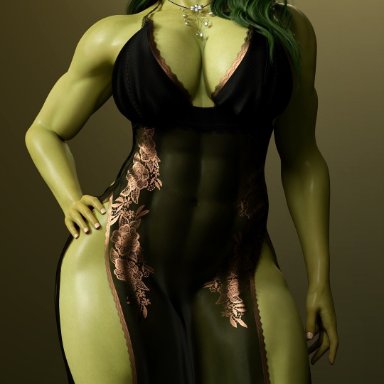 hulk (series), marvel, marvel comics, she-hulk: attorney at law, she-hulk, tatiana maslany, erotichris, 1girls, abs, big breasts, cleavage, dress, female, female only, green hair