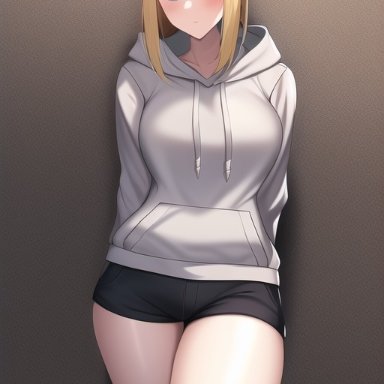 samus aran, nai diffusion, stable diffusion, big breasts, blonde hair, blue eyes, blush, casual clothes, hoodie, shorts, solo, thighs, ai generated