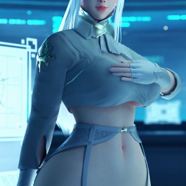 league of legends, nier: automata, irelia xan, yorha commander, ireliabubblebutt, big breasts, blue eyes, hand on breast, lingerie, pussy, thick thighs, thighhighs, white hair, 3d, cosplay