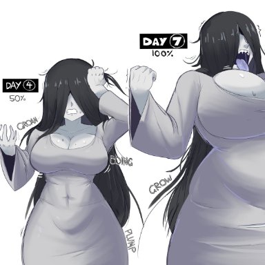 the ring, yamamura sadako, emmarrgus, 1girls, angry, ass expansion, black hair, blue tongue, breast expansion, bursting breasts, clenched hands, clenched teeth, female only, flat chested, ghost girl