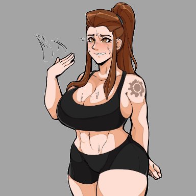 overwatch, brigitte, brigitte lindholm, bluueygooey, 1girls, arm tattoo, breasts, brown eyes, brown hair, cleavage, female, female only, huge breasts, long hair, ponytail