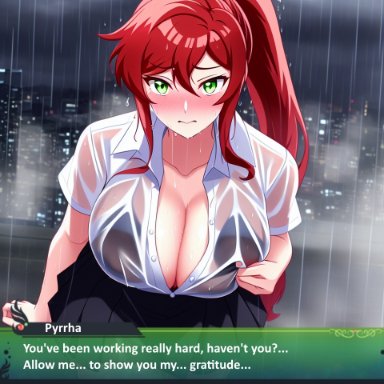 rwby, pyrrha nikos, nai diffusion, segal03, stable diffusion, 1girls, bra, female, green eyes, raining, red hair, see-through, see-through clothing, wet clothes, wet shirt