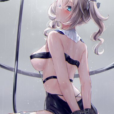 genshin impact, barbara (genshin impact), 1girls, blonde hair, blue eyes, blush, bondage, bound, breasts, chained, female, female only, hair ornament, hands behind head, looking at viewer