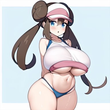 game freak, nintendo, pokemon, pokemon (game), pokemon bw2, rosa (pokemon), nai diffusion, stable diffusion, 1girls, big breasts, blue eyes, breasts, brown hair, cap, double bun