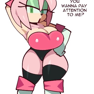 sonic (series), sonic the hedgehog (series), amy rose, rouge the bat (cosplay), fiinel, 1girls, armpit, armwear, bedroom eyes, big breasts, boots, breasts, cleavage, cleavage overflow, eyelashes