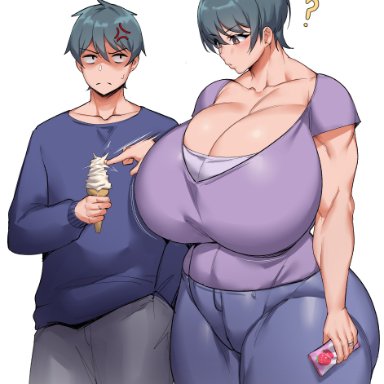 ban (natedecock), natsumi (natedecock), natedecock, 1boy, 1girls, ?, age difference, angry, angry face, annoyed, big breasts, breasts, busty, cleavage, clothed