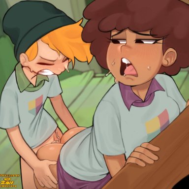 amphibia, anne boonchuy, sprig plantar, zamoshvik, 1boy, 1girls, age difference, ambiguous penetration, ass, bigger female, blonde hair, bottomless, breasts, brown hair, closed eyes