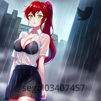 rwby, pyrrha nikos, nai diffusion, segal03, stable diffusion, breasts, rain, red hair, wet clothes, ai generated, animated, mp4, sound, video, visual novel