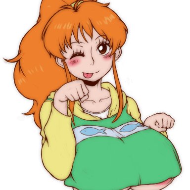 one piece, yu yu hakusho, botan (yu yu hakusho), nami, randomboobguy, abdomen, areola, areola slip, blush, brown eyes, female only, hoodie, large breasts, navel, orange hair