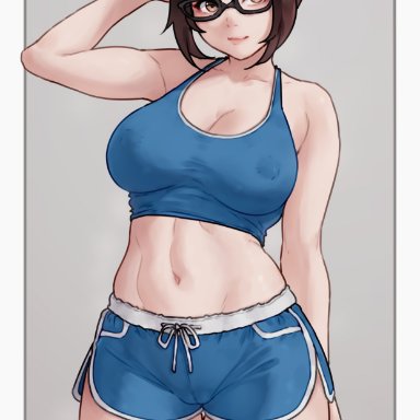 overwatch, mei (overwatch), bluefield, 1girls, belly button, blush, booty shorts, breasts, brown eyes, brown hair, dolphin shorts, female, glasses on head, hips, large breasts