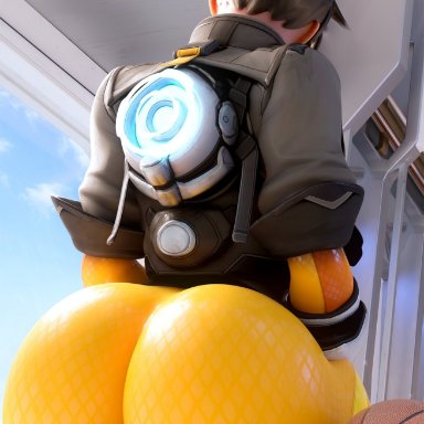 blizzard entertainment, overwatch, tracer, sampples, 1girls, ass, back, back view, bed, big ass, breasts, brown hair, clothed, dat ass, earrings