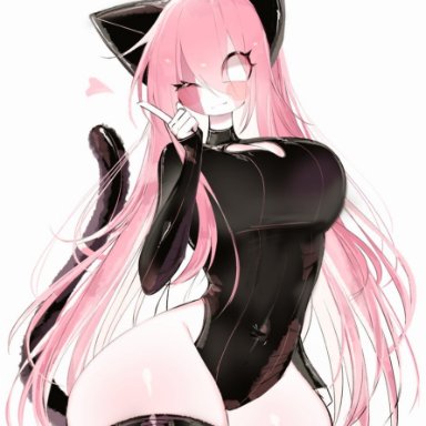 friday night funkin, sarvente (friday night funkin), usa37107692, 1girls, animal ears, big breasts, cat ears, cat tail, large breasts, long hair, one eye closed, pink hair, simple background, solo, thick thighs