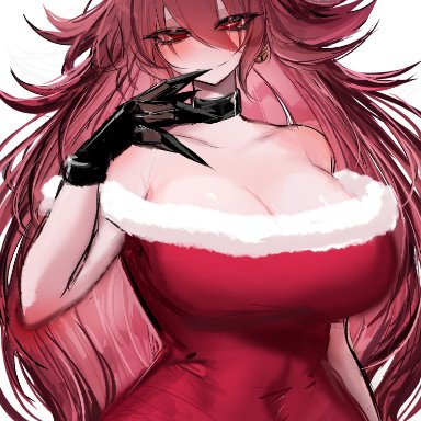friday night funkin, girlfriend (friday night funkin), usa37107692, 1girls, ahoge, big breasts, blush, christmas outfit, cleavage, collar, cowbell, curvy figure, gloves, glowing eyes, long hair