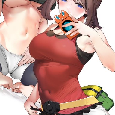 game freak, nintendo, pokemon, pokemon oras, pokemon rse, may (pokemon), rotom phone, marushin (denwa0214), 1girls, armpits, bike shorts, blue eyes, blush, booty shorts, breasts