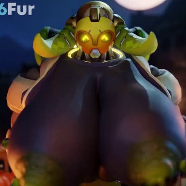 blizzard entertainment, halloween, overwatch, source filmmaker, twitter, omnic, orisa, snips456, snips456fur, &lt;3, adorable, big breasts, boobs, breast grab, breasts