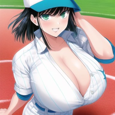 one-punch man, fubuki (one-punch man), nai diffusion, stable diffusion, 1girls, baseball cap, baseball uniform, big breasts, blush, breasts, busty, cap, cleavage, clothed, clothing