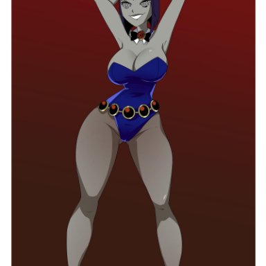 dc, dc comics, teen titans, raven, ghostlessm, 1girls, arms behind head, ass visible through thighs, big breasts, biting lip, blush, breasts, bunny ears, bunnysuit, busty