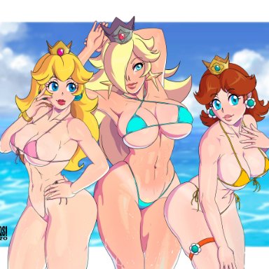 mario (series), nintendo, princess daisy, princess peach, princess rosalina, gaqs!, armpits, bikini, breasts, pink bikini, tanline, trio