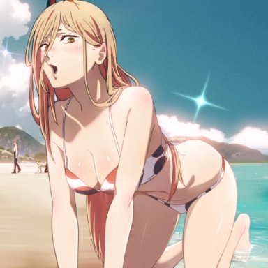 chainsaw man, denji (chainsaw man), makima (chainsaw man), power (chainsaw man), meru rumi, 1boy, 2girls, all fours, beach, bikini, blonde hair, blush, breasts, eye contact, female