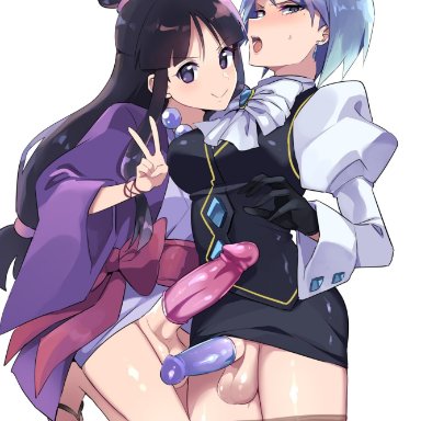 gyakuten saiban, karuma mei, maya fey, yu11ma11, yuuma (yuma1111), 2futas, balls, big penis, black hair, blue hair, bottomless, brown eyes, clothed, clothing, condom