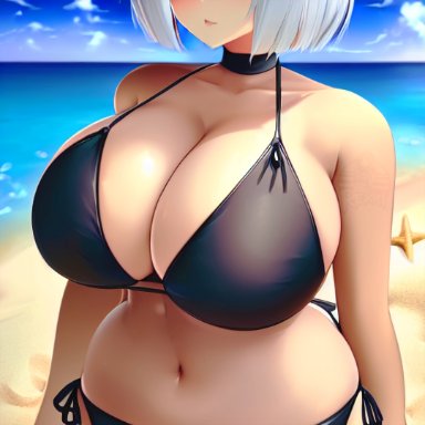 nier: automata, yorha 2b, rekki, stable diffusion, beach, big breasts, bikini, chubby, female, female only, huge breasts, voluptuous, white hair, ai generated, tagme