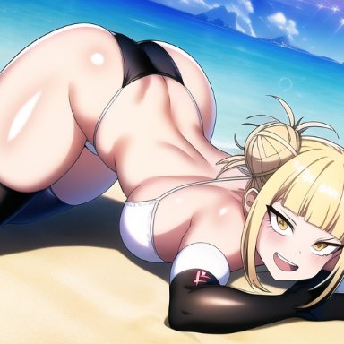 my hero academia, himiko toga, nai diffusion, stable diffusion, 1girls, ass, back, beach, big ass, big butt, black gloves, black legwear, black socks, blonde hair, blush