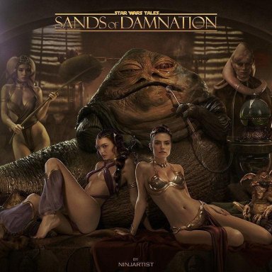 star wars, bib fortuna, jabba the hutt, oola, padme amidala, rey, salacious crumb, slave leia (cosplay), twi'lek, ninjartist, 3girls, belly dancer, belly dancer outfit, bocas top, dancer